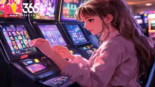 a cartoon of a woman playing slot machines